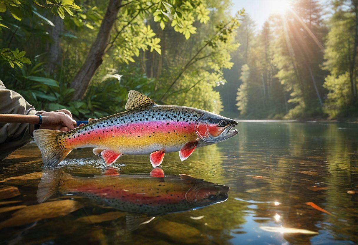 A serene lakeside scene featuring an angler casting a line into crystal clear waters, surrounded by lush greenery. Include a vibrant rainbow trout leaping from the water, alongside various colorful fly patterns displayed artistically on the side. Subtly incorporate discount tags or markers in the background to signify affordability. The overall atmosphere should evoke tranquility and joy in fishing. super-realistic. vibrant colors. 3D.