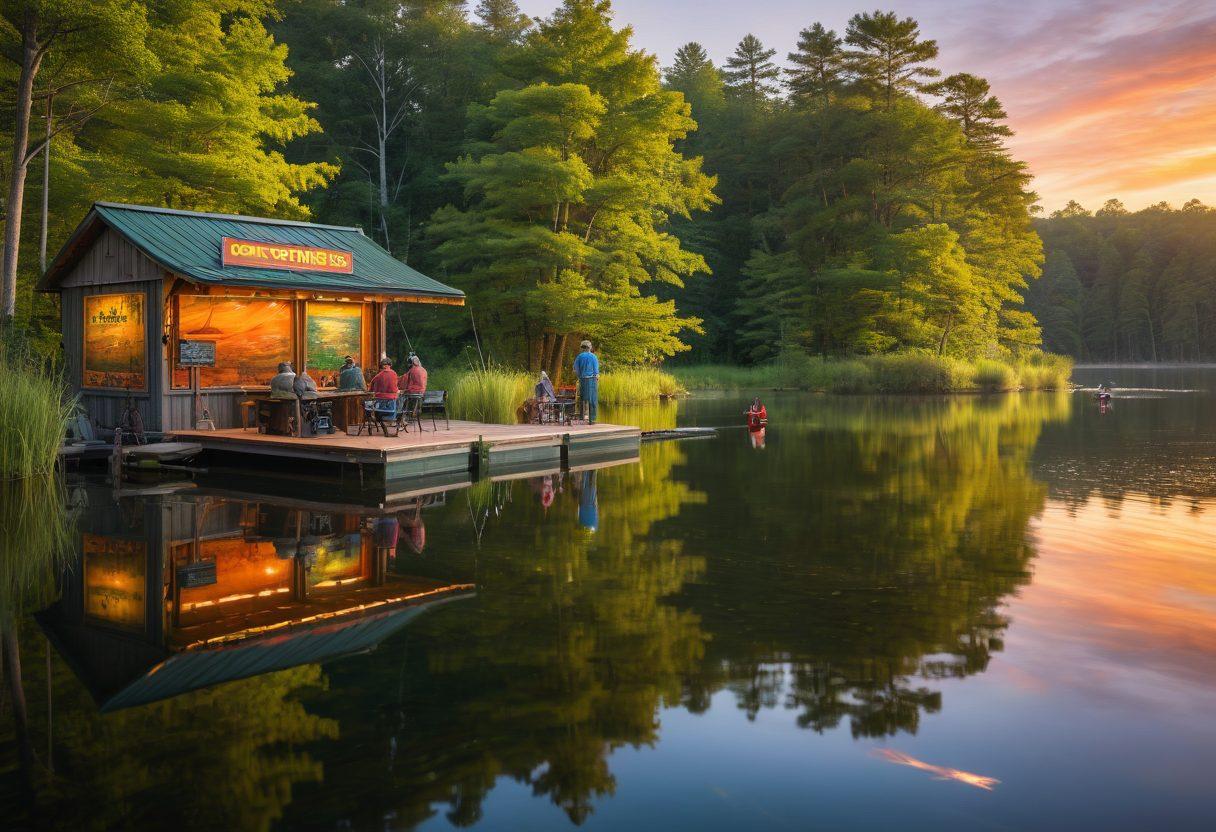 An inviting lakeside scene featuring a diverse group of anglers with different fishing gear, showcasing various colorful fishing patterns on their lures. Include a vibrant floating sign in the water that reads 'Discount Alerts!' with a backdrop of lush green trees and a serene sunset. The atmosphere should evoke a sense of community and resourcefulness among budget-conscious fishers. super-realistic. vibrant colors. serene background.