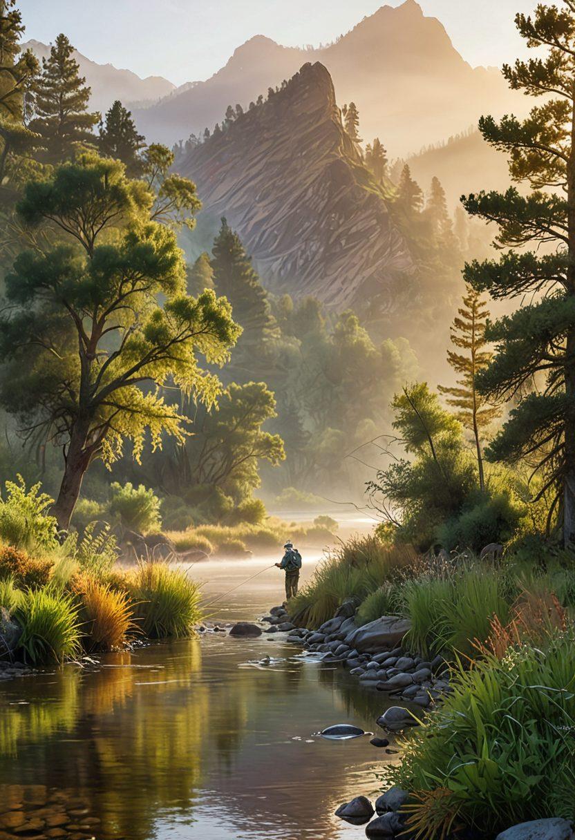 A serene riverbank scene at sunrise, featuring a diverse group of anglers skillfully fly fishing, showcasing colorful flies and techniques. Lush greenery surrounds them, with a backdrop of misty mountains and gentle ripples in the water. Include an assortment of inexpensive fishing gear scattered around, conveying a sense of budget-friendly adventure. Spectacular lighting emphasizing the peaceful, nature-filled atmosphere. super-realistic. vibrant colors. atmospheric lighting.